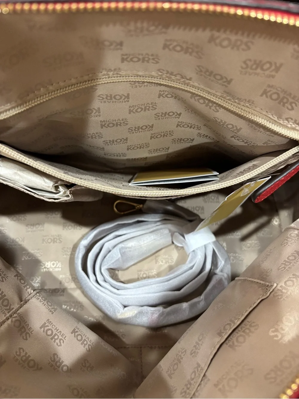NWT Michael Kors Red Sandrine Pebbled Leather Satchel Handbag with Tassel $398